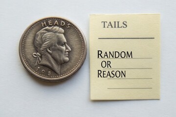 Coin showing Heads beside a card for Tails Random or Reason