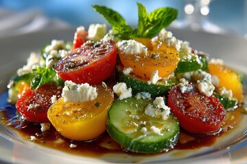 Fresh colorful salad with tomatoes cucumber and blue cheese