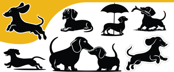 Set of dachshund dog silhouettes in playful poses, including umbrella, running, and sniffing designs. Perfect for stickers, t shirt prints, vinyl cutting, pet crafts, and digital projects.