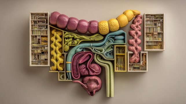 Colorful plastic model of the human digestive system