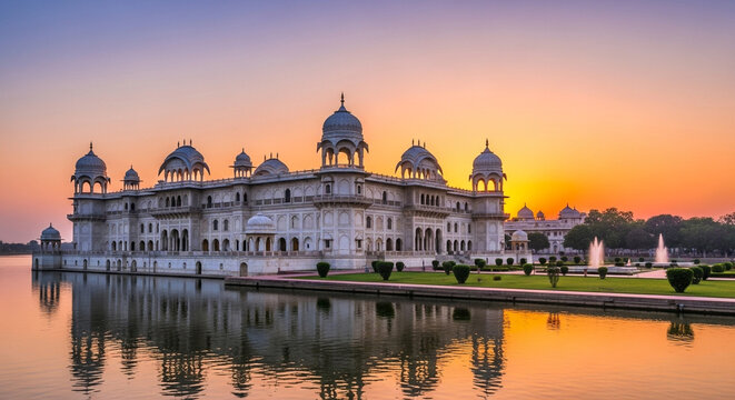 Beautiful view of the jal mahal palace reflecting on the lake at sunrise in jaipur, rajasthan, india, asia
