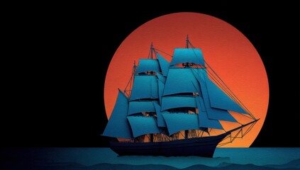 Silhouette of a tall ship sailing towards a vibrant sunset over ocean
