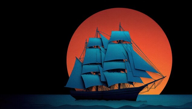 Silhouette of a tall ship sailing towards a vibrant sunset over ocean