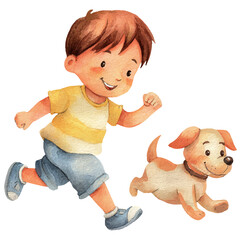 child and puppy are running