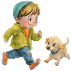 child and puppy are running