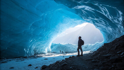 A solitary explorer inside a magnificent, sunlit blue ice cave within a glacier. Extreme travel, geological wonder, adventure, and fragile natural beauty concept.