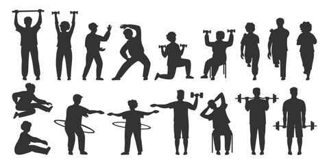Older people play sports silhouette set. Elderly characters old men, women, senor senoras hobbies. Adult seniors running fitness exercises, gymnastics gym cardio yoga class stretching jogging vector