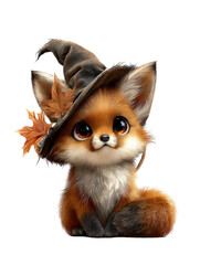 Obraz premium Adorable cartoon fennec fox wearing a witch hat and holding a leaf, isolated on transparent background