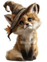 Obraz premium Charming cartoon fennec fox in a witch hat with a leaf, looking curious, isolated on transparent background