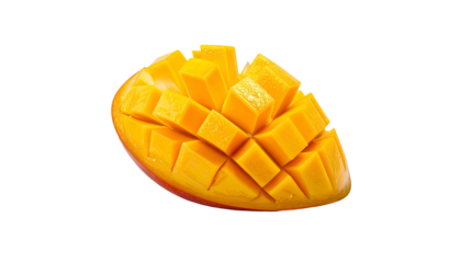 Juicy, vibrant mango half cut into cubes, isolated on black