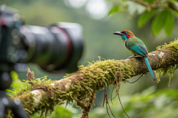 POV shot through a telephoto lens of a rare, colorful bird in the rainforest. Birding tourism, wildlife photography, patience, ecotourism, and specialized hobby concept.