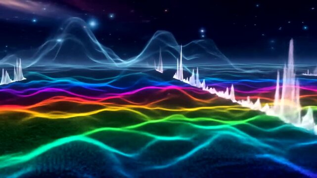 Abstract Rainbow Landscape Visualization with Spectrum Analysis and Starry Sky Background