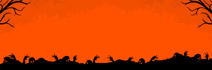 Halloween-themed banner design. With an illustration of a ground covered in skulls and hands trying to get out of the ground.