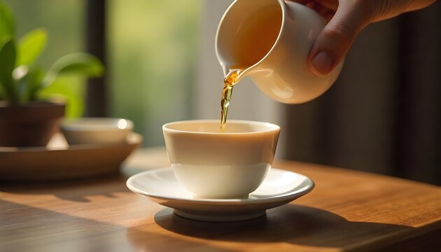 A hand pours steaming tea into a cup on a table, symbolizing relaxation and the joy of International Tea Day