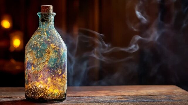 Mysterious glowing antique bottle with magical elixir and smoke on rustic wooden table, dark fantasy background, alchemy concept