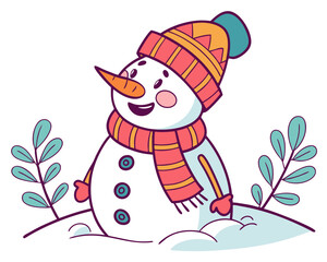 Snowman with hat and scarf, winter holiday vector, isolated on white background