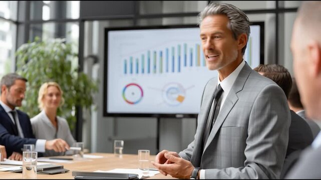 A professional man presents data to a corporate audience in a modern conference room, highlighting growth and strategy.