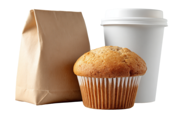 A single muffin and a white paper coffee cup with a brown paper bag isolated on transparent background