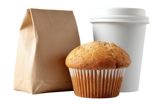 A single muffin and a white paper coffee cup with a brown paper bag isolated on transparent background - Powered by Adobe