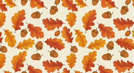 Autumnal Harmony: Seamless Pattern with Oak Leaves and Acorns on a Beige Background