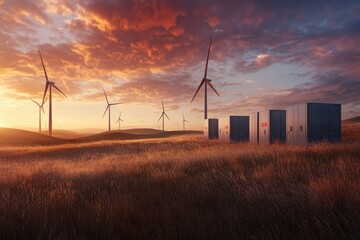 Stunning sunset over wind farm with battery storage, powering a greener future with sustainable energy solutions and innovative tech during golden hour