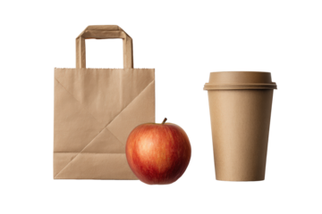 A brown paper shopping bag, a red apple, and a disposable coffee cup isolated on transparent background