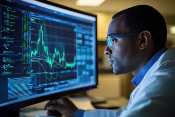 Focused scientist analyzing complex data on glowing monitor in modern lab, researching new treatments and innovative healthcare solutions with technology