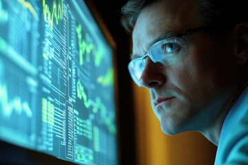 Dedicated financial analyst deeply focused on stock market data displayed on screen with keen attention, seeking investment opportunities for clients