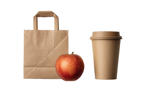 A brown paper shopping bag, a red apple, and a disposable coffee cup isolated on transparent background