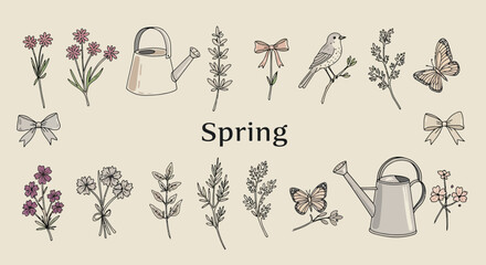 Charming spring themed botanical illustration with flowers, butterfly and watering can