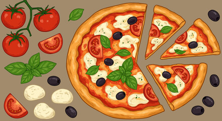 Delicious Pizza Margherita Illustration with Fresh Ingredients for Italian Cuisine