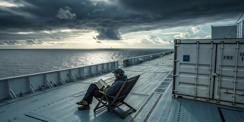 Solitary traveler reading a book on the deck of a massive container ship at sea. Slow travel, alternative transportation, solitude, and meditative journey concept