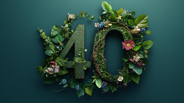 An elegant floral composition of the number 40, crafted from lush green leaves, vines, and delicate flowers. Perfect for 40th birthdays, anniversaries, party invitations, or decorative prints