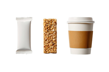 A packaged granola bar and a coffee cup with a sleeve, isolated on transparent background