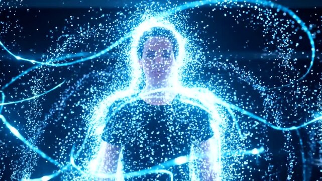 Ethereal energy field surrounds a human figure pulsating with light and power