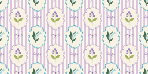 Stripes seamless pattern with hand drawn flower in ribbon frame with bow. floral elegant background. Perfect for decor, fabric, textile, wallpaper