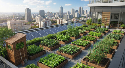 Obraz premium Urban rooftop garden with solar panels and diverse plants, promoting sustainable living and green spaces in the city environment