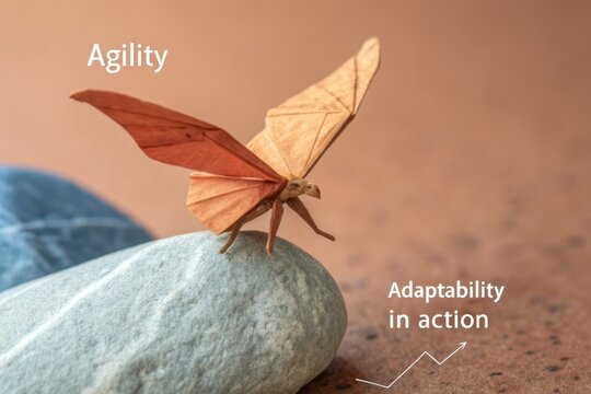 Origami Butterfly on a Stone in Front of Terracotta Background