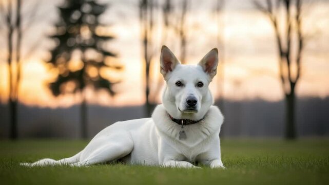 beautiful white dog with brown eyes and erect ears lies on vibrant green grass wearing collar with tag The background features blurred trees and warm sunset sky