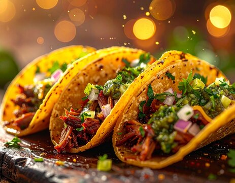 Artistic wide shot of a bustling taqueria scene, foreground features a beautifully plated Tacos al Pastor, background subtly blurred with warm ambient lighting, rich color grading, cinematic compositi