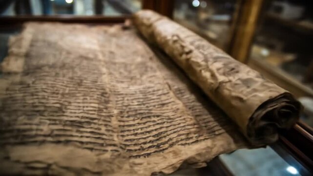 Antique historical manuscript scroll unfurled, revealing ancient text on aged parchment. Symbolizing old wisdom, knowledge, and history.