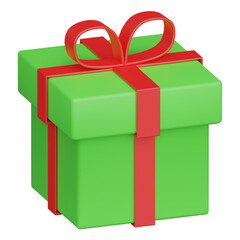 Festive Green Gift Box with Red Ribbon on Transparent Background