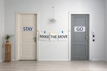 Doors illustrating the options Stay or Go in a decision making process