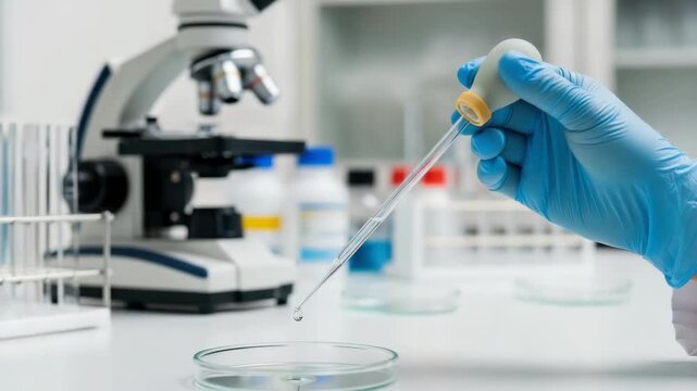 gloved hand uses dropper to dispense liquid into petri dish on white lab bench A microscope test tubes and bottles are blurred in the background showing scientific laboratory setting