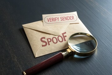 Magnifying glass examining spoof email envelope on dark surface