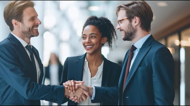 Three professionals engage in a friendly handshake, showcasing collaboration and positive business relationships in a modern office setting.