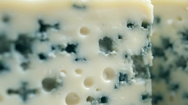 A closeup reveals a block of blue cheese with characteristic blue mold and small holes