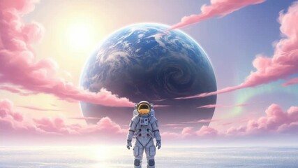 astronaut stands on shimmering icy plain under sky filled with vibrant pink clouds A massive blue planet dominates the background with bright sun and ethereal green aurora illuminating the scene - Powered by Adobe