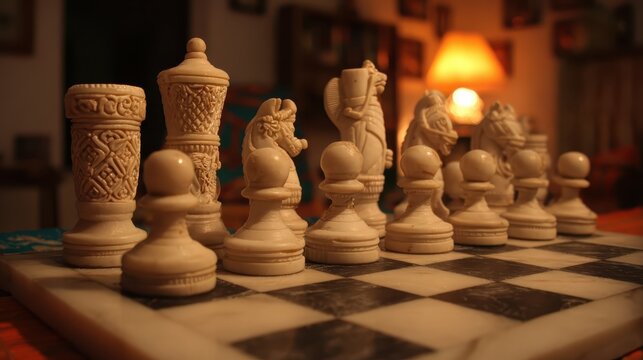 Detailed Chess Pieces on a Marble Chessboard with Warm Light