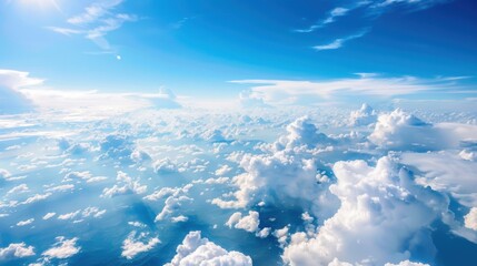 Aerial Views of the Blue Sky, White Cumulus Clouds and Sunny Day Landscape